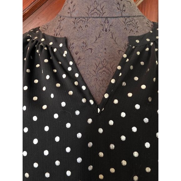 Talbots Petites Black & Silver Polka Dot Blouse With Ruffle Sleeves Size LP - Picture 2 of 9